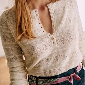 Sezane Lyna Ecru Merino Wool Pointelle Knit Crew Neck Henley Sweater — Size L